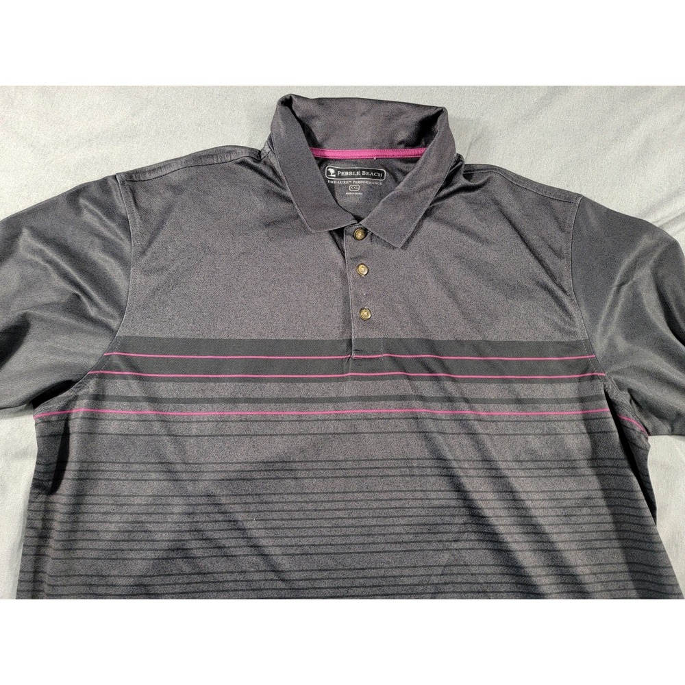 Pebble Beach Shirt Mens 2XL Charcoal Grey Striped Golf Polo Dry-Luxe Performance